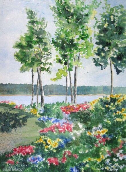 tranh vườn hoa cạnh sông