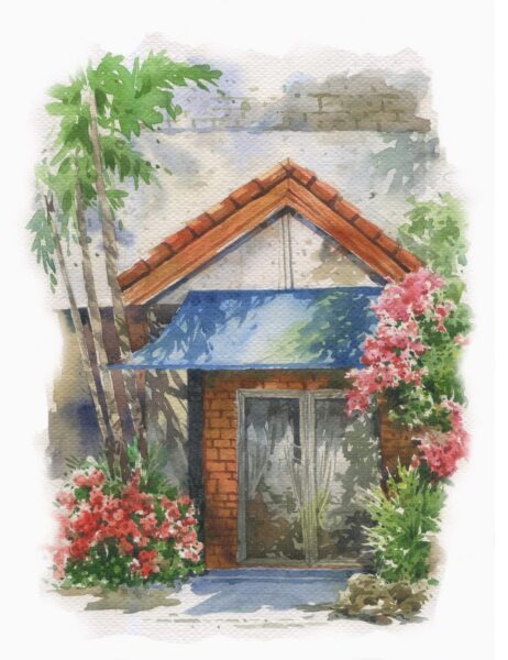 tranh vườn hoa trước cổng đẹp