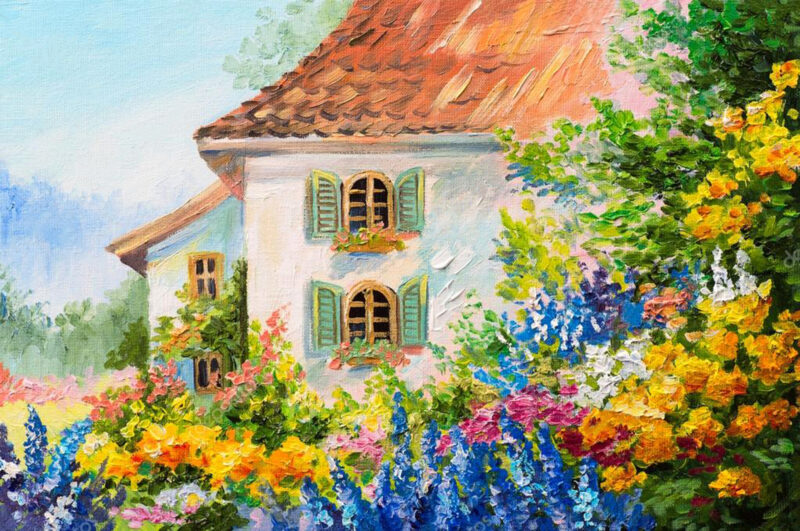 tranh vườn hoa và ngôi nhà xinh