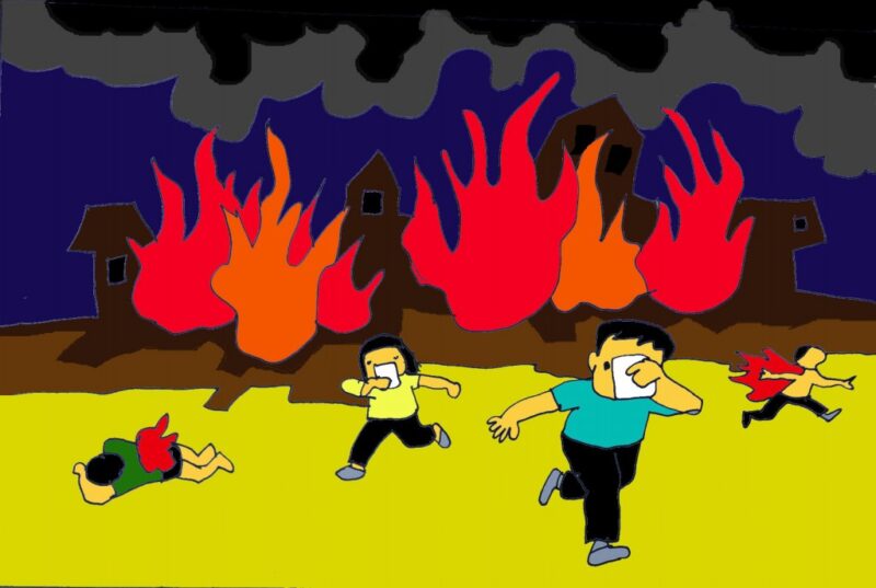 Vẽ tranh phòng chống cháy nổ khi gặp cháy nổ phải chạy thật nhanh khỏi đám cháy