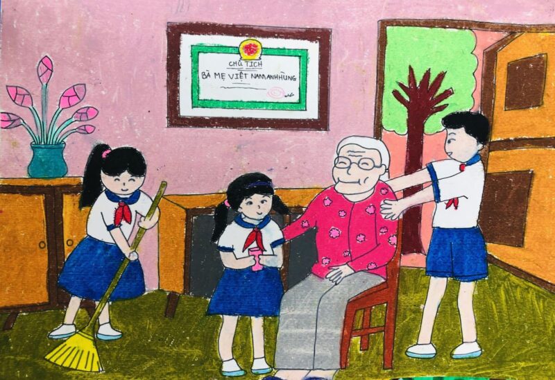 Vẽ tranh thiếu nhi làm nghìn việc tốt bé dọn nhà giúp bà mẹ Việt Nam anh hùng