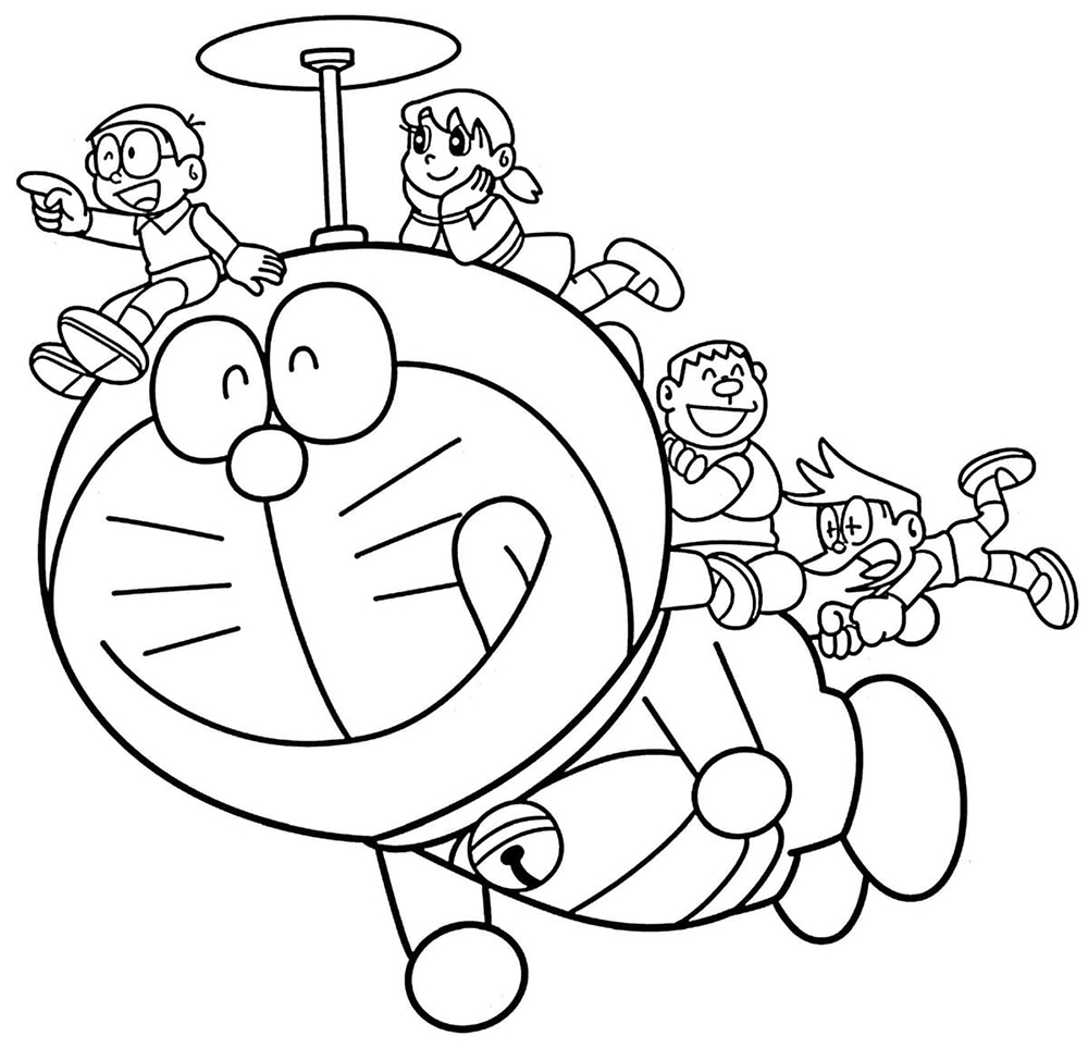 Hình vẽ Doraemon đang chở đồng đội trên lưng