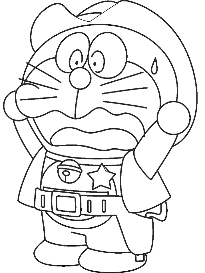 Hình vẽ Doraemon đội mũ toát mồ hôi