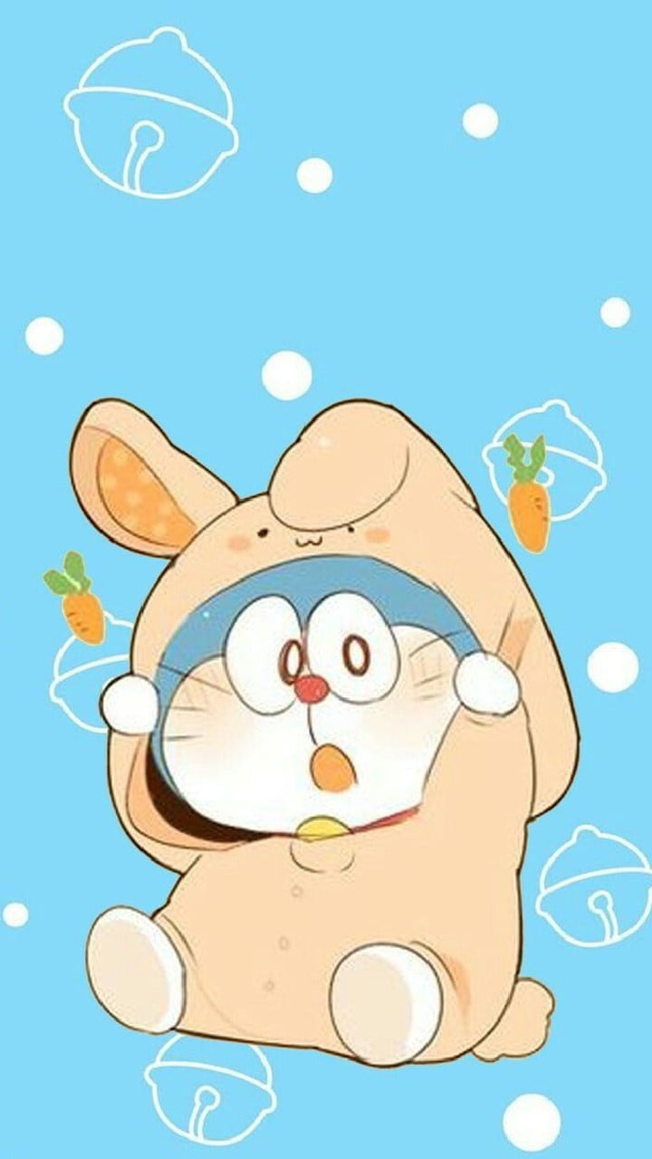 Hình vẽ Doraemon mặc áo thỏ cute