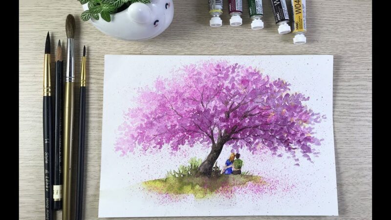 Hình vẽ hoa anh đào lãng mạn và cặp đôi ngồi dưới