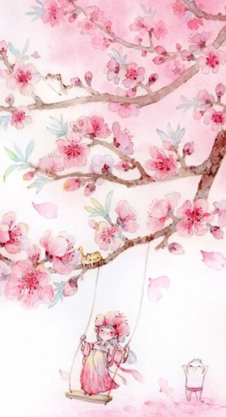 Hình vẽ hoa anh đào và em bé đang đu cây