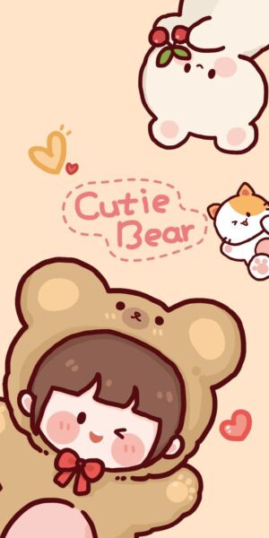 hình nền iphone cute cô bé gấu và thỏ trắng