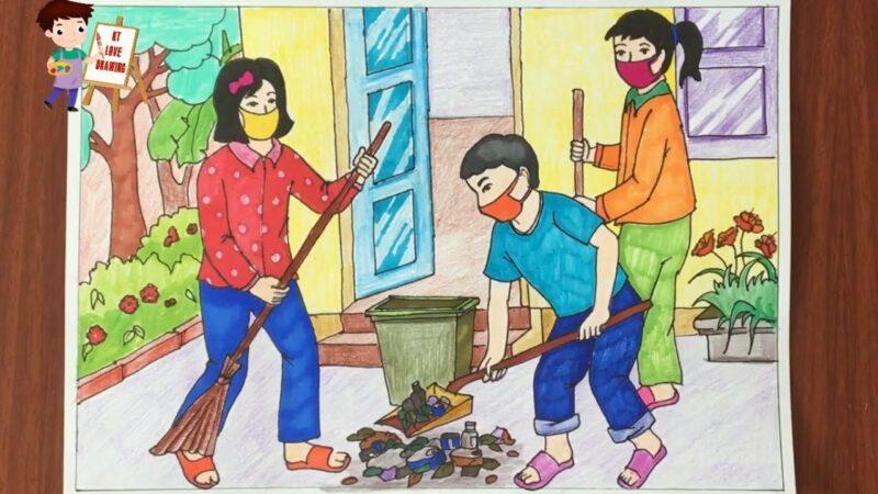 tranh vẽ đề tài lao động giữ vệ sinh lớp học