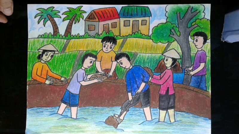 tranh vẽ đề tài lao động tác mương rạch
