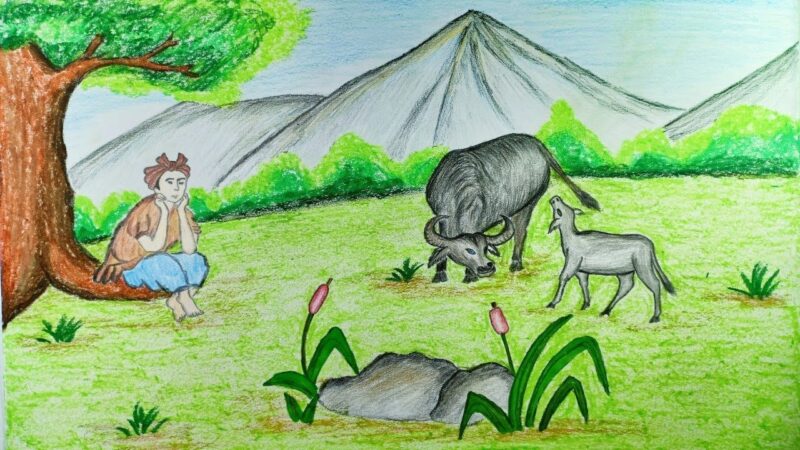 tranh vẽ đề tài lao động trẻ em đi chăn trâu