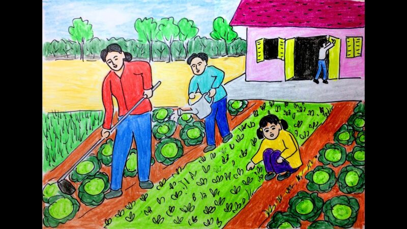 Vẽ tranh đề tài lao động gia đình sản xuất xanh