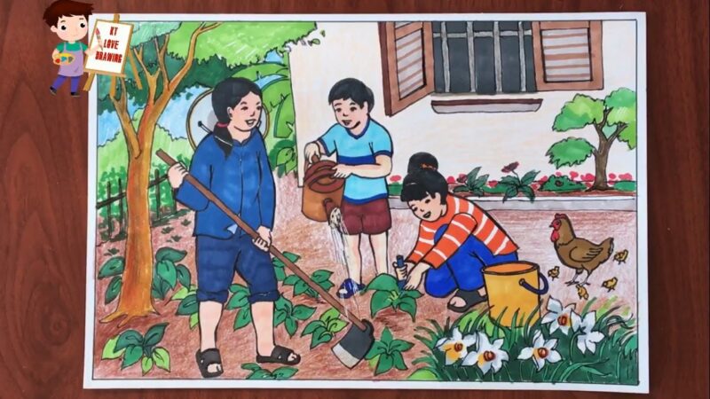 Vẽ tranh đề tài lao động giúp mẹ làm nông