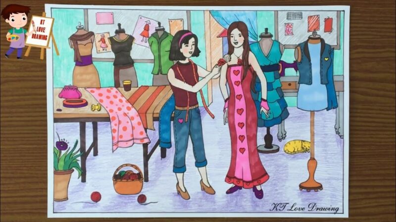 Vẽ tranh đề tài lao động may quần áo