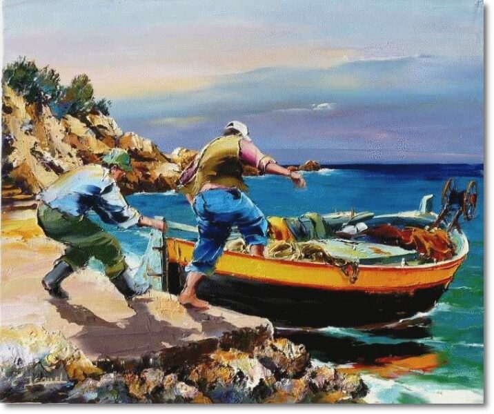 Vẽ tranh đề tài lao động ngư dân vào bờ sau khi đánh bắt