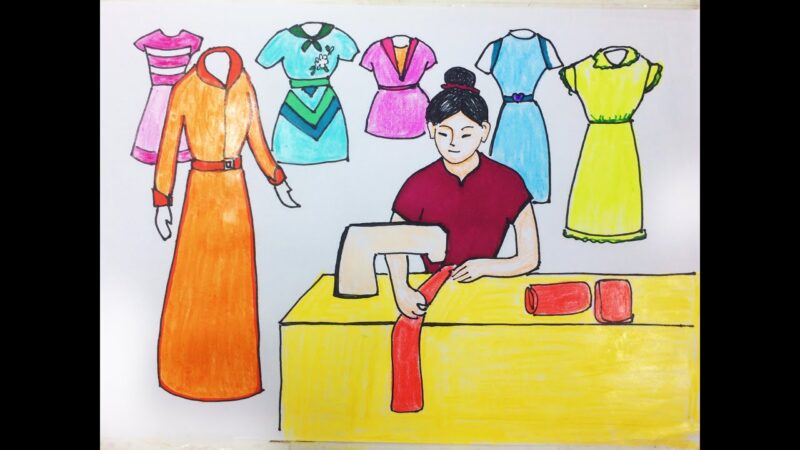Vẽ tranh đề tài lao động thợ may làm việc