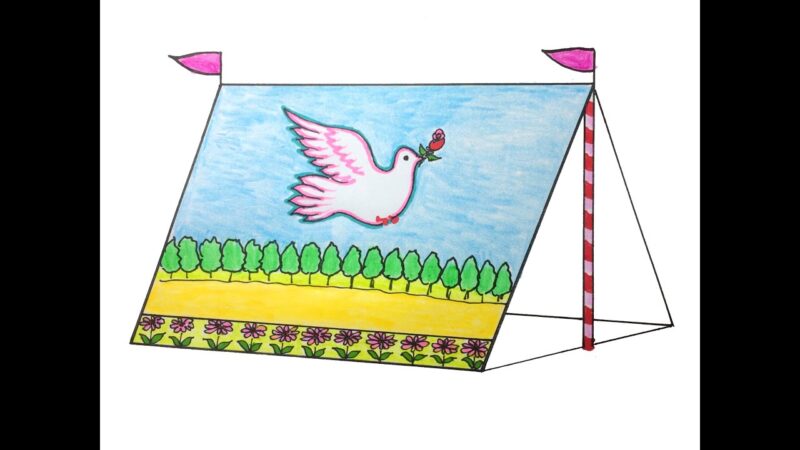 Vẽ tranh lều trại chim bồ câu ngậm hoa hồng