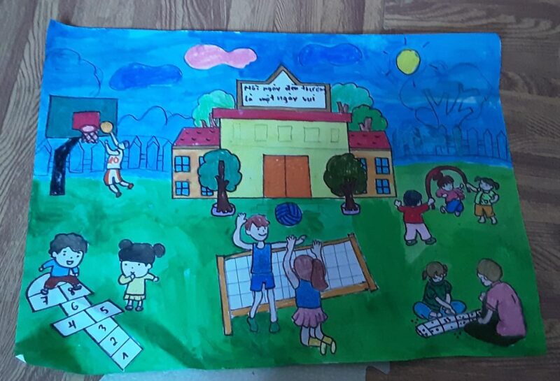 tranh vẽ ngôi trường mơ ước với các hoạt động giải trí giờ ra chơi