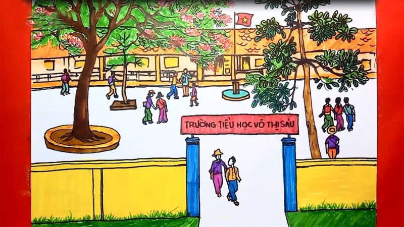 vẽ tranh đề tài ngôi trường mơ ước giờ vào lớp