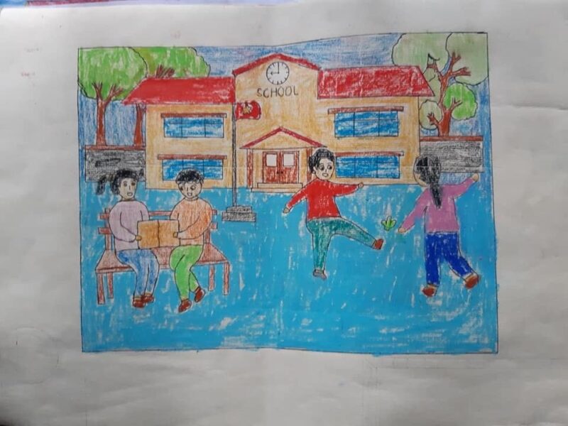 vẽ tranh đề tài ngôi trường mơ ước tô bằng sáp màu