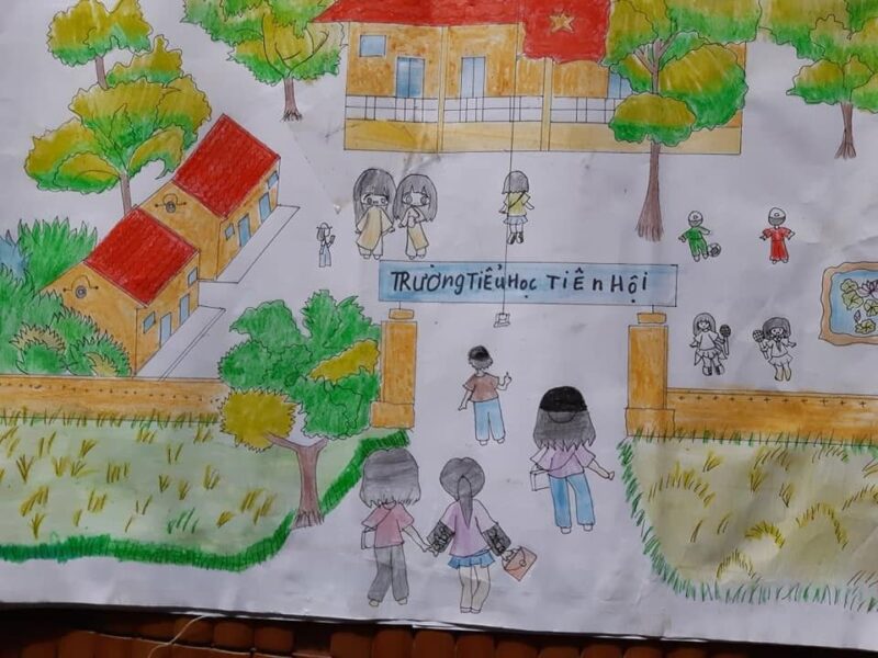 vẽ tranh ngôi trường mơ ước ở nông thôn có ruộng lúa