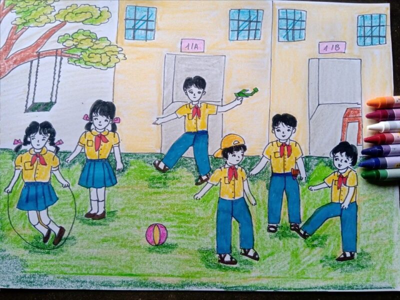 vẽ tranh ngôi trường mơ ước với các hoạt động vui chơi lành mạnh