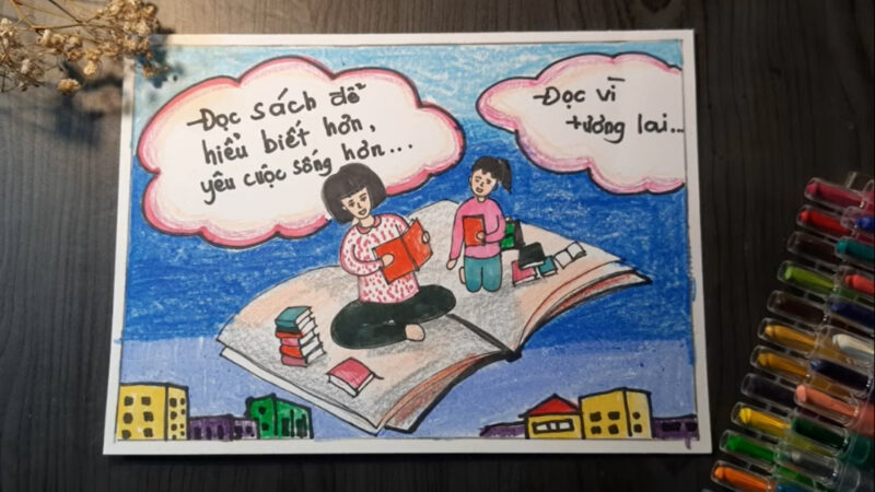 Vẽ tranh lan tỏa tình yêu đọc sách, nâng cao hiểu biết và yêu cuộc sống hơn