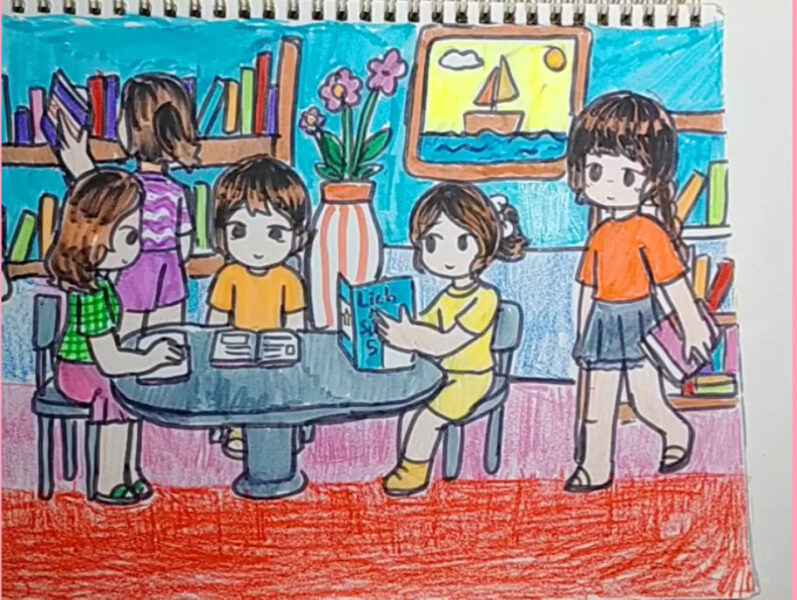Vẽ tranh lan tỏa tình yêu đọc sách trong thư viện trường