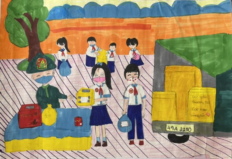 vẽ tranh đề tài kế hoạch nhỏ chuyến xe tiếp tế vùng lũ