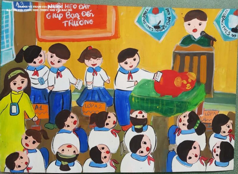 vẽ tranh kế hoạch nhỏ bỏ ống heo giúp bạn đến trường