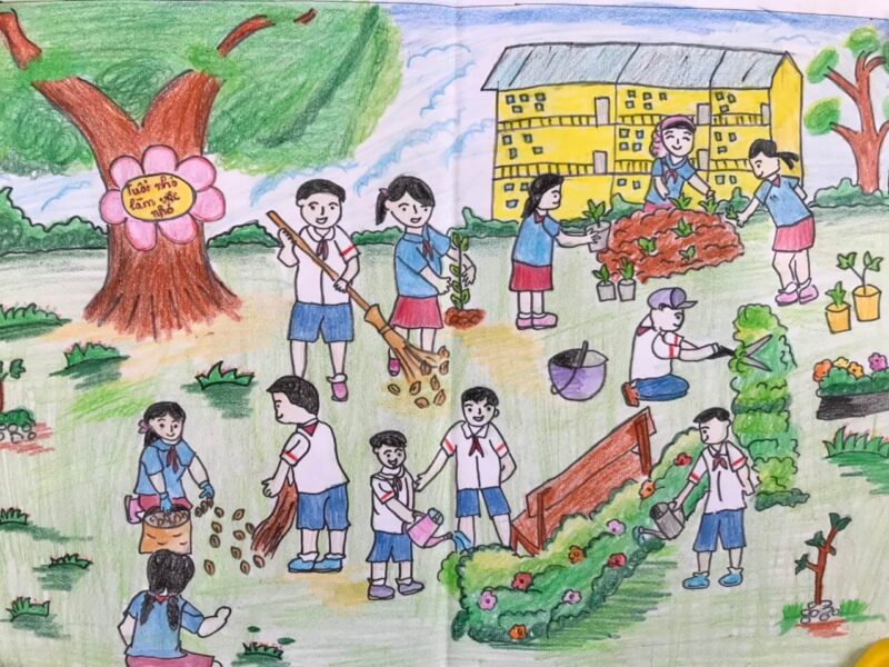 vẽ tranh kế hoạch nhỏ dọn dẹp, trồng cây cho sân trường