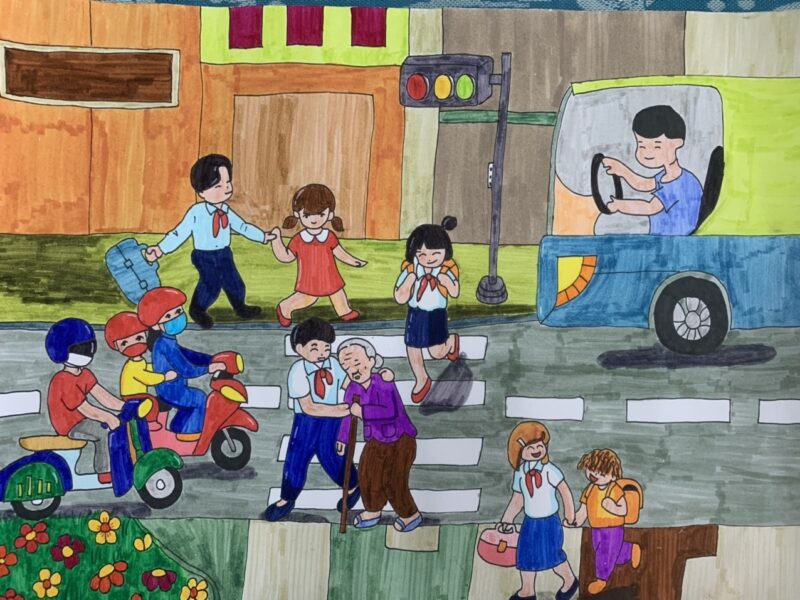 vẽ tranh kế hoạch nhỏ giúp đỡ người lớn tuổi khi tham gia giao thông