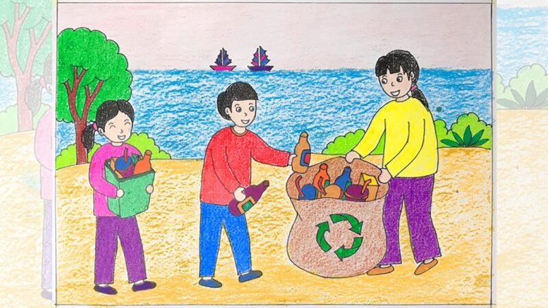 vẽ tranh kế hoạch nhỏ thu gom rác tái chế ở bãi biển
