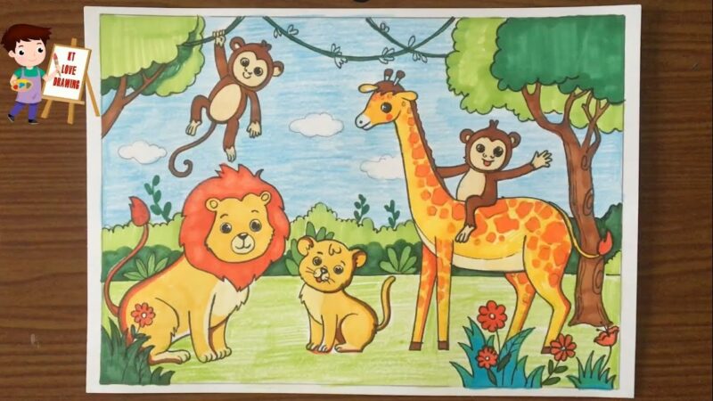 tranh vẽ bảo vệ động vật hoang dã bằng sáp màu đẹp, đơn giản