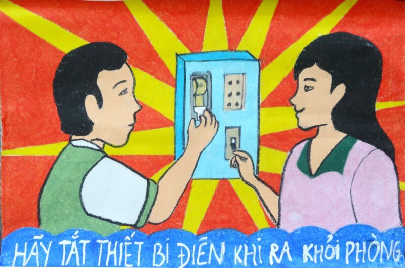 tranh vẽ tiết kiệm điện hành động đóng công tắc khi ra khỏi nhà
